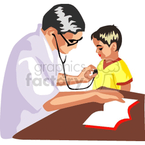 Clipart image depicting a doctor using a stethoscope to check the heartbeat of a young boy, with an open book on the table.