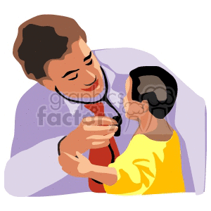 Clipart image of a doctor using a stethoscope to examine a child.