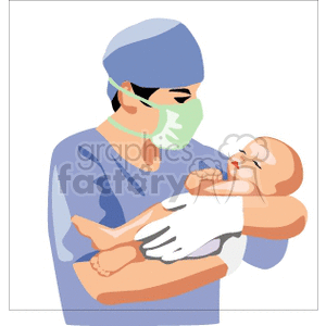 Illustration of a healthcare professional wearing a mask and gloves, holding a baby.