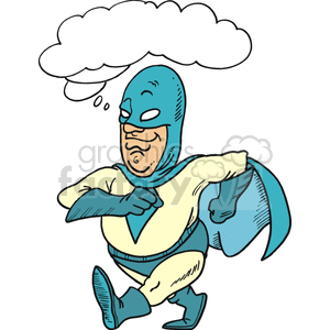 cartoon superhero with a thought bubble