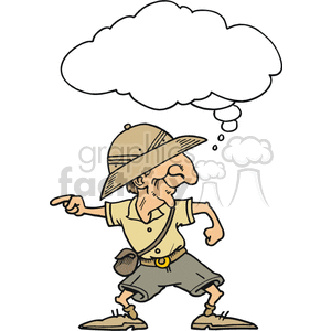 A cartoon explorer wearing a pith helmet and safari outfit, pointing to his left with a thought bubble above his head.