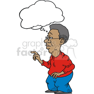 Clipart image of a cartoon man with glasses wearing a red sweater and blue pants, pointing with his right hand. Above his head, there is an empty thought bubble indicating he is thinking.