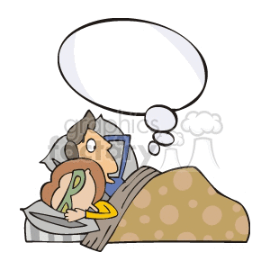 A clipart image depicting a couple lying in bed under a polka dot blanket. The man is wide awake and thinking, represented by an empty thought bubble above his head. The woman is sleeping peacefully.