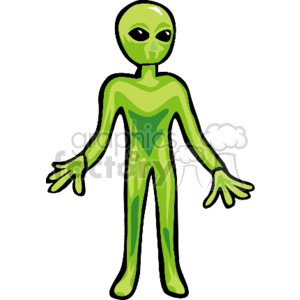 In the image, there is a classic representation of an alien. This extraterrestrial being is characterized by a green body, large black eyes, an oversized head, and slender limbs. The alien stands upright and appears to have a humanoid form with two arms and two legs.