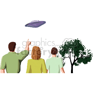 The clipart image depicts three individuals from behind as they look towards the sky, with one person pointing upwards. They are observing a UFO (Unidentified Flying Object) hovering above them. There's also a green tree on the right side of the frame.