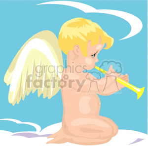 Cherubic Angel Playing Horn in Clouds