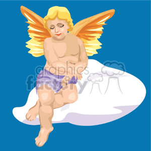 A clipart image of a cherubic angel with golden wings, sitting on a cloud.