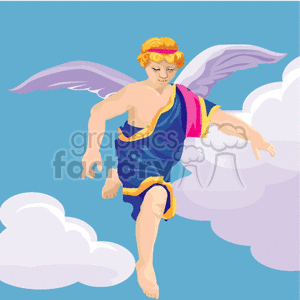 A clipart image of an angel with golden hair, wearing a blue and pink garment, with wings, flying among clouds.