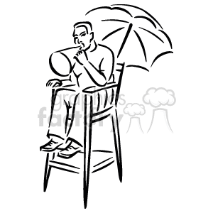 The clipart image depicts an artist sitting on a high stool and pondering over a circular object that resembles a palette. Directly above the artist is an umbrella, presumably providing shade. There are no visible paintings, brushes, canvas, or any indication of active painting in the image. There also appears to be no action cut, chair (beyond the one the artist is sitting on), or any art directors/directors.