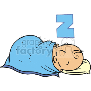 A cute clipart image of a baby sleeping under a blue blanket with a pillow, featuring a snoring 'Z' symbol above.