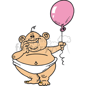 A cartoon baby boy with a single tooth and curl in his hair, holding a pink balloon while wearing a diaper.