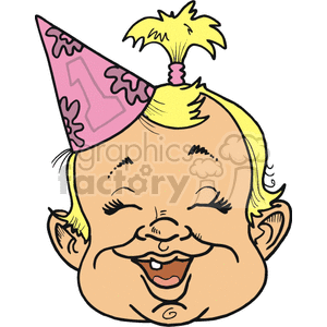 A cartoon of a happy, smiling baby wearing a pink party hat with the number one, celebrating a first birthday.