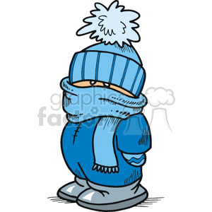 Clipart image of a bundled-up child wearing a blue winter outfit, including a hat, scarf, gloves, and boots.