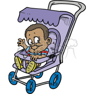 Clipart of a baby boy in a purple stroller waiving.