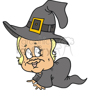 A cartoon illustration of a baby or toddler dressed in a Halloween costume, crawling while wearing a witch's hat.