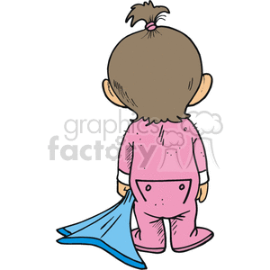 A clipart image of a toddler girl in pink pajamas holding a blue blanket, viewed from the back.