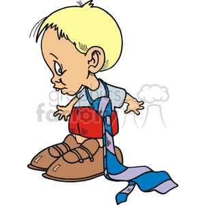 A cartoon toddler wearing oversized adult shoes and a tie, dressed in a blue shirt and red shorts.