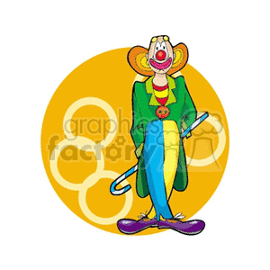 A Funny Clown Wearing Purple Shoes Crossed legs and Holding a Blue and White Cane