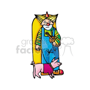 A whimsical clipart image featuring a colorful clown holding a violin and standing beside a pig on a leash.