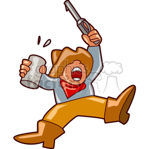 A Drunk Cowboy Yelling While Holding a Drink and his Gun in the Air