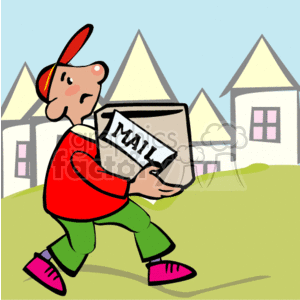 An Unhappy Mail Man Carring a Brown Box Marked Mail