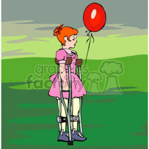 A Young Girl with Braces on her legs Using Crutches Holding a Red Balloon