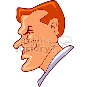 A cartoon-style illustration of a man's profile with exaggerated features, including a prominent chin and red hair.