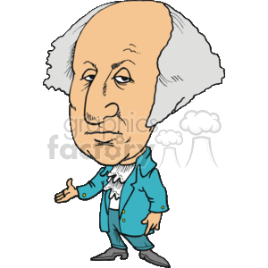 This illustration is a cartoon depiction of George Washington. He appears to be standing with one hand outstretched, perhaps in a gesture of presentation or greeting. His hair is styled in a manner typical of his era, with curls flanking the sides of his head. He is dressed in a blue coat with yellow buttons, a beige vest with ruffles, and black pants with matching black shoes.