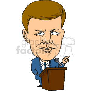 The clipart image shows a caricature of the 35th President of the United States, depicted in a humorous style. The character has an oversized head with exaggerated features, standing behind a podium, wearing a suit, and gesturing as if giving a speech. There is also a microphone on the podium.