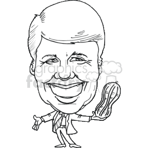 The clipart image is a black and white caricature illustration featuring a smiling male figure with an exaggerated head size, typical of caricature style. The figure resembles a cartoonish representation of a political figure, specifically an American president. He appears to have a full head of hair accentuated in the caricature style and is holding what seems to be a peanut, suggesting a humorous nod to this political figure's association with peanuts. 