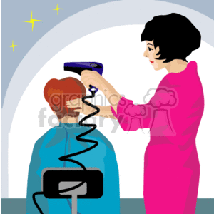 The clipart image features a lady hairstylist in a pink outfit using a blue blow dryer on a client's hair at a hair salon. The client is seated and covered with a blue salon cape. Both figures are stylized and simplified, typical of clipart images. The hairstyle appears to be receiving a blow-drying treatment. There are stars shining around to perhaps indicate a pleasant or successful hair styling experience.