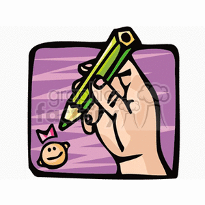 A hand holding a green pencil, drawing a smiley face with a crown on a purple background.