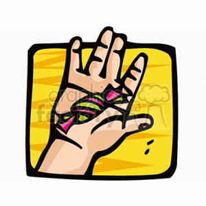 A colorful clipart image of a hand holding a piece of candy against a yellow background.