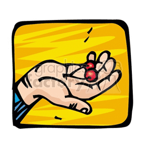 Clipart image of a hand holding two cherries against a yellow background.