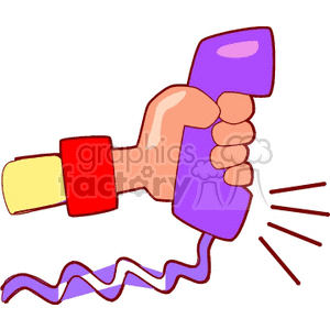 Clipart of a hand holding a purple phone receiver with a cord.