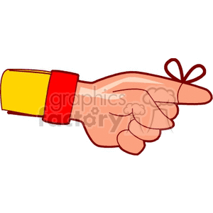 Clipart image of a hand wearing a yellow sleeve with a red cuff, pointing index finger with a string tied around it as a reminder.