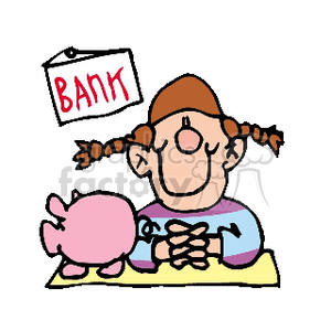 A little girl in pigtails with a piggy bank playing banker
