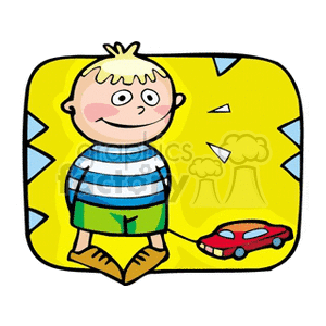 Little boy pulling a red car