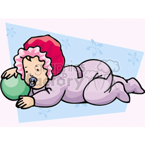 A little baby in a red bonnet and purple sleeper playing with a ball