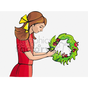 Girl in red dress with yellow bows holding a wreath