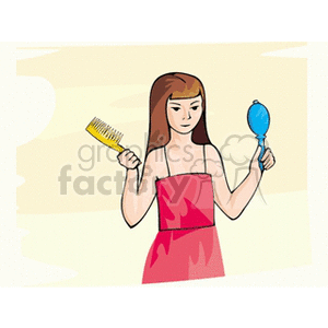   Girl in a red dress holing a mirror and a comb 