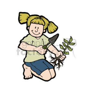 A little girl holding a spade digging up weeds