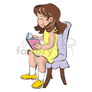   The clipart image depicts a young girl sitting in a chair, deeply engaged in reading a book. She appears concentrated and absorbed in the content of the book. The girl is dressed casually, with her hair neatly arranged to the side, wearing a yellow dress and yellow shoes. The style is simple and cartoon-like, typical of clipart designed for a range of uses such as educational materials, children