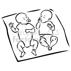 The image is a black and white clipart of two babies or infants. They are lying down facing each other with their heads at opposite ends, showing a playful interaction or conversation between the two kids. Their facial expressions suggest curiosity or engagement, and both babies are in a relaxed posture, possibly indicating a moment of connection or playtime.