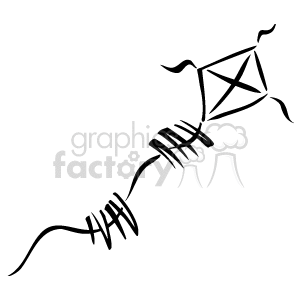   The clipart image shows a simple line drawing of a kite with its string unraveled. The kite appears to be a traditional diamond shape with a tail consisting of bows attached to the trailing end. There are no people or kids visible in this specific image, nor does it explicitly indicate a spring setting. 