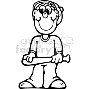 The clipart image depicts a cartoon of a young boy standing with a baseball bat. He has a smile on his face, suggesting that he's enjoying himself or looking forward to playing baseball. The boy is drawn in a simple line art style, and the image is in black and white which is characteristic of clipart.