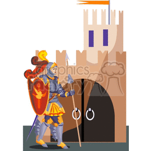 A medieval knight in armor holding a spear and shield, standing in front of a castle.