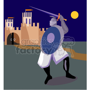 A medieval knight holding a sword and shield in front of a castle at night.