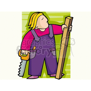 Cartoon man holding a board and handsaw