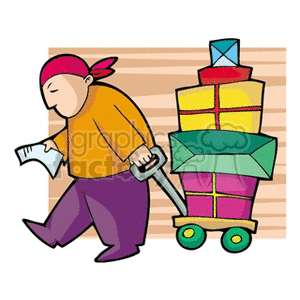 Cartoon man pulling a wagon of packages 